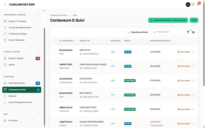 Conteneurs et suivi : Compagnie, navire, BL, ETA, remplissage et bouton de suivi direct.