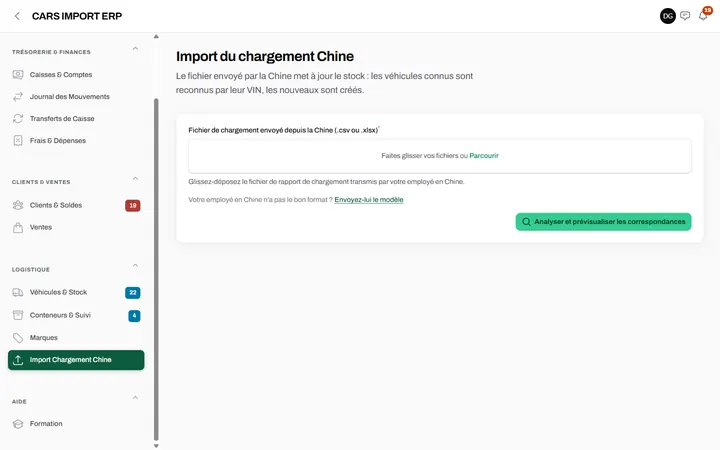 Import du chargement Chine : Le fichier envoyé depuis la Chine met le stock à jour par VIN.