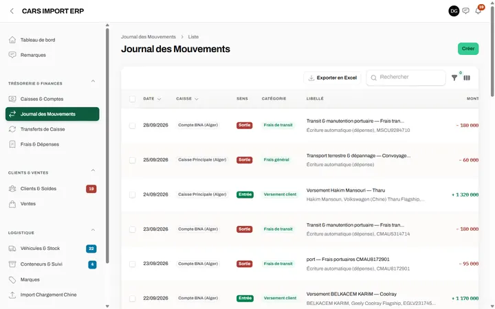 Journal des mouvements : Versements, achats, frais de transit : tout l’argent au même endroit.