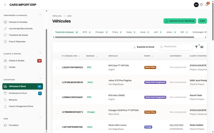 Véhicules et stock : Filtre par marque, étape, conteneur, client ou titulaire du dossier.