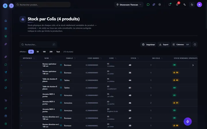 Stock par colis : Chaque meuble en colis C1, C2, C3 : stock vendable calculé automatiquement.