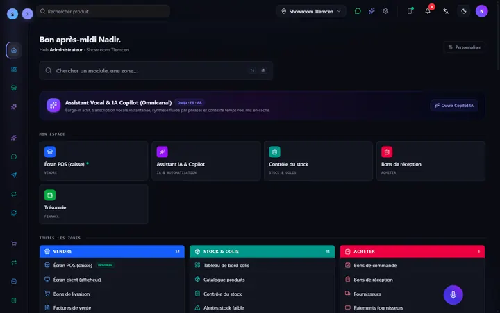 Le hub : Tous les modules classés par zone, avec recherche.