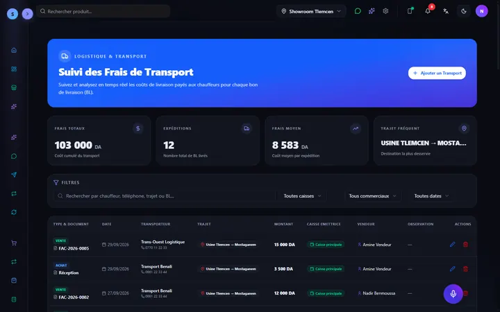 Frais de transport : Chaque livraison : transporteur, trajet, montant, caisse, vendeur.
